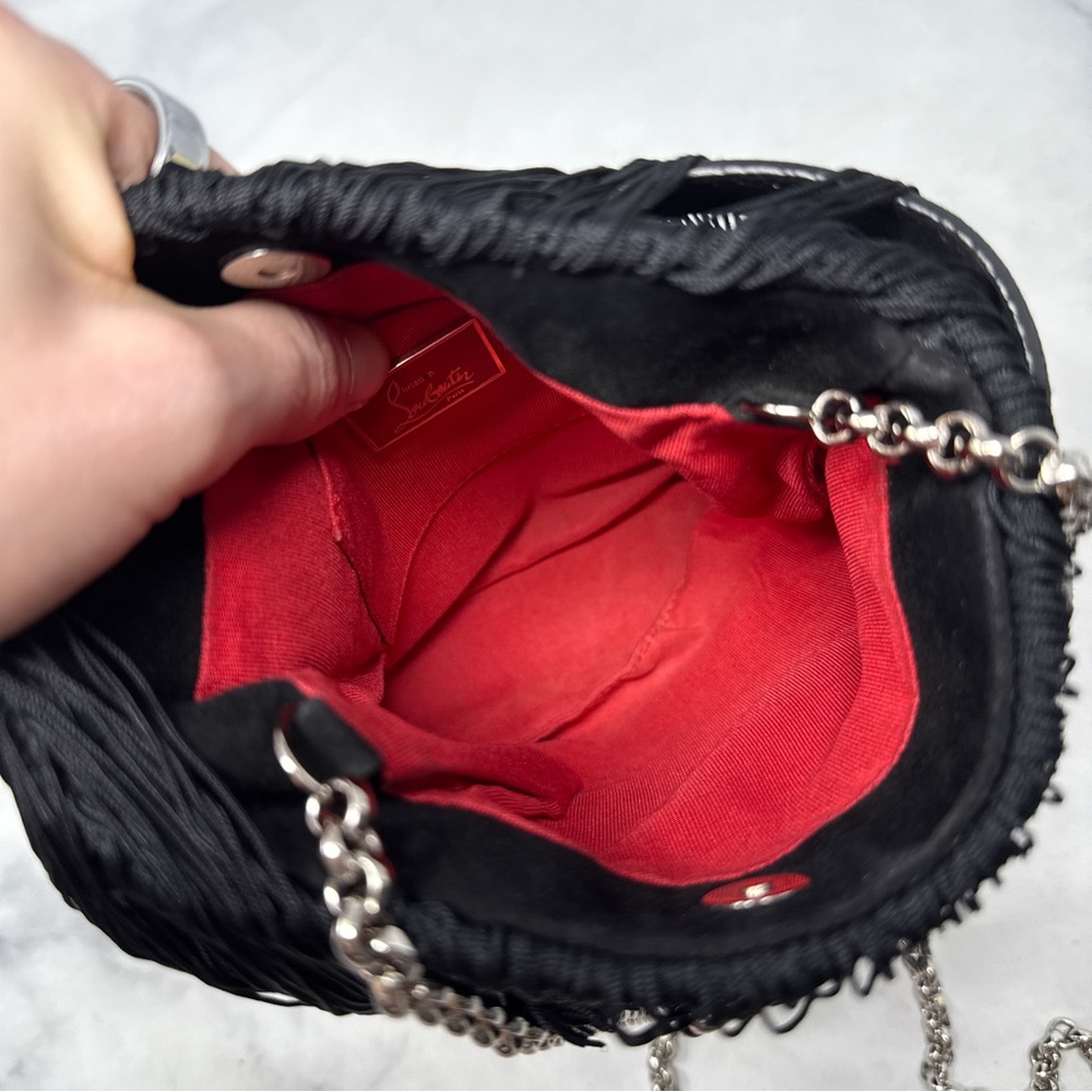Christian Louboutin Belted Fringe Suede Crossbody Bucket Bag Chain Strap Black - Picture 7 of 13